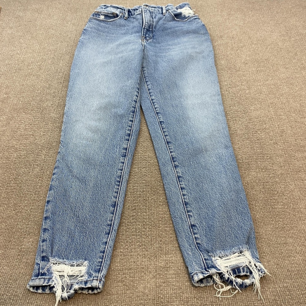 Good American Straight Jeans Womens 4/27 Blue Wash High Rise Distressed Fringe